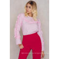 Süße rosa Baumwolle gekräuselten Langarm Sommer Bluse Herstellung Großhandel Mode Frauen Bekleidung (TA0051B)